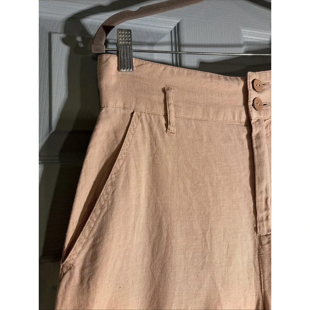 Nicole Miller High Rise Wide Leg 100% Linen Cropped Pants Sz 2. Khaki.